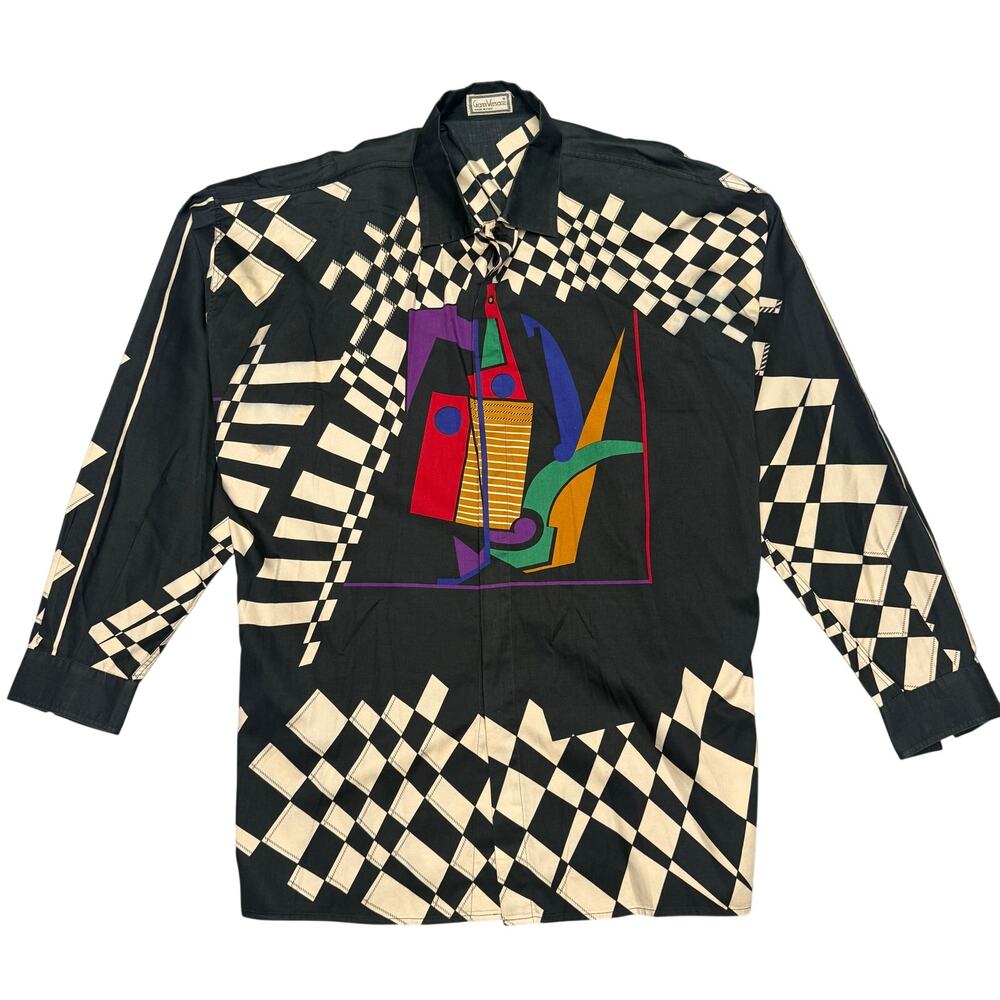 VTG 80s Gianni Versace Multi Graphic Print Button Shirt Men’s L Checker Abstract